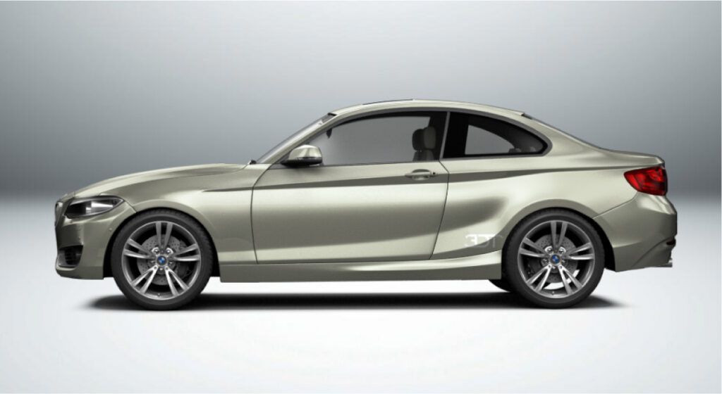 Um cupê bmw série 2 prateado é mostrado de lado em um fundo branco.