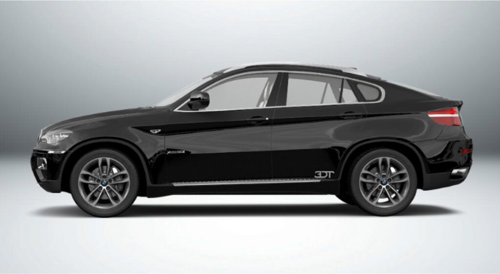 Um bmw x6 preto é mostrado lateralmente em um fundo branco.