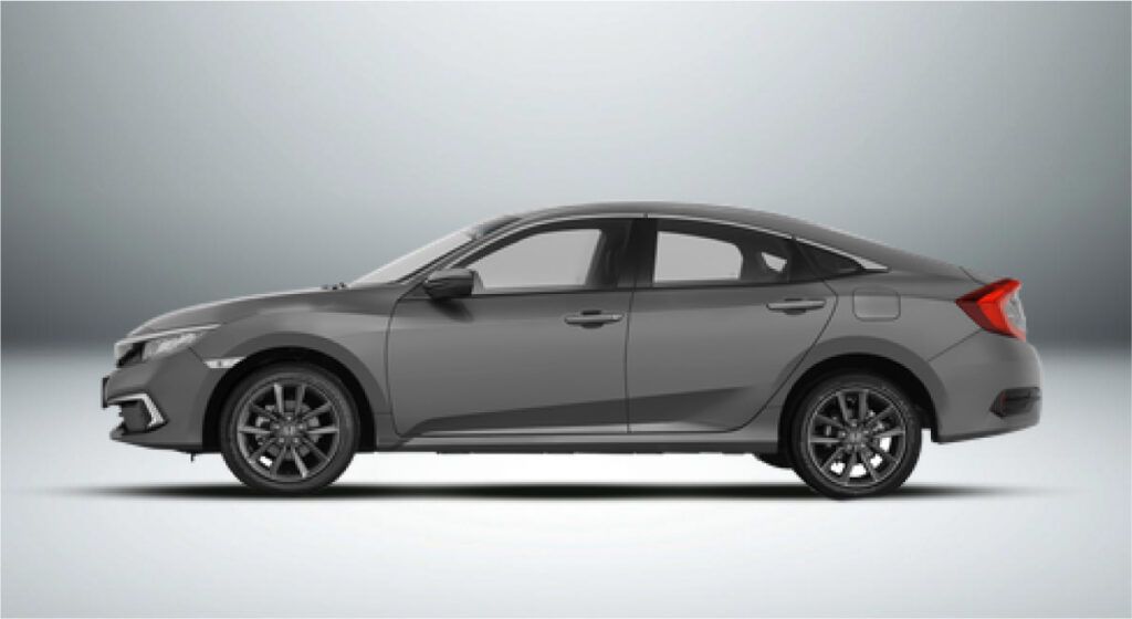 Um honda civic cinza é mostrado lateralmente em um fundo branco.