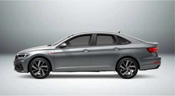 Um Volkswagen Jetta é mostrado lateralmente em um fundo branco.