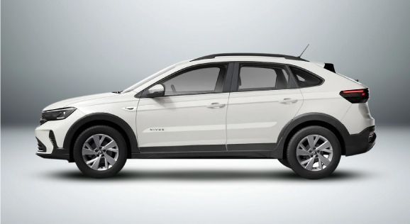 Um carro branco com detalhes pretos está parado em uma superfície branca.