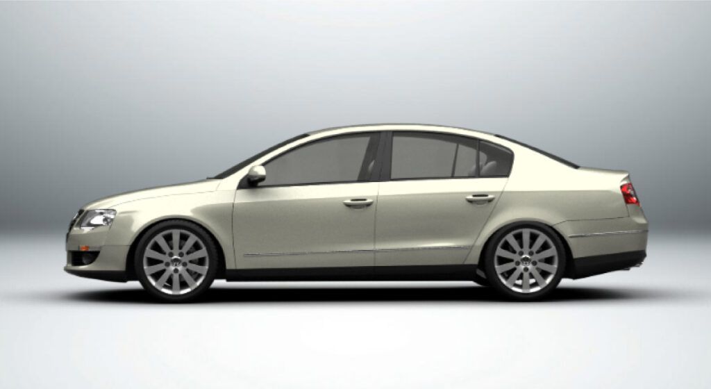 Um carro prateado está parado em uma superfície branca.