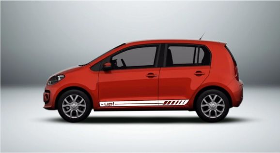 Um carro vermelho com listras brancas nas laterais