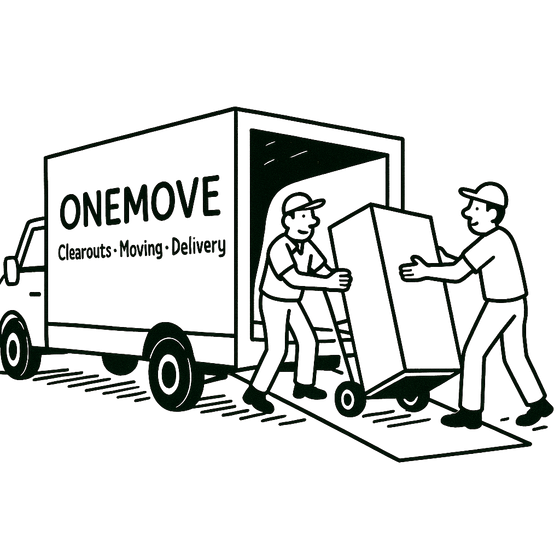 Two movers loading a box into a moving truck labeled 