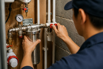Plumber adjusting a valve on metal pipes with a pressure gauge in a utility room