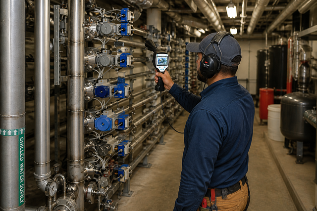 Technician inspecting blue valves and pipes in a mechanical room using a handheld device