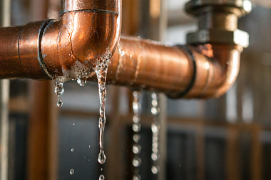 Leaking copper pipes with water dripping indoors
