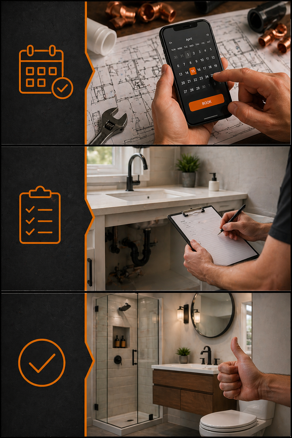 Three-panel home renovation checklist: smartphone, sink installation, and finished bathroom with checkmark icons