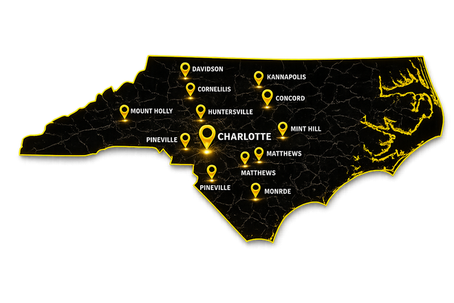 North Carolina map in black and gold with labeled city markers and glowing network lines