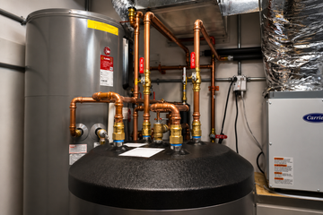 Boiler room with water heater, metal piping, and insulated ductwork in a basement utility area