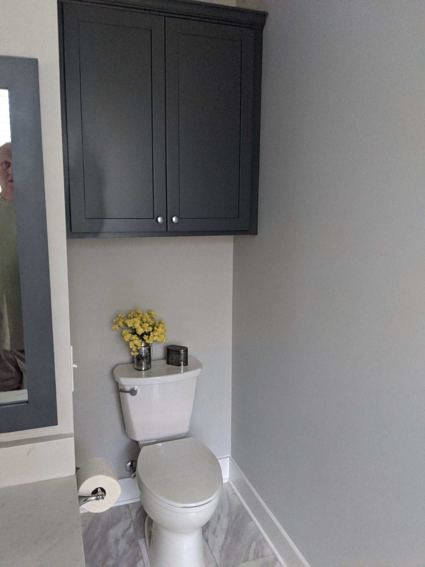 A gray bathroom with a toilet, cabinet, and flowers.