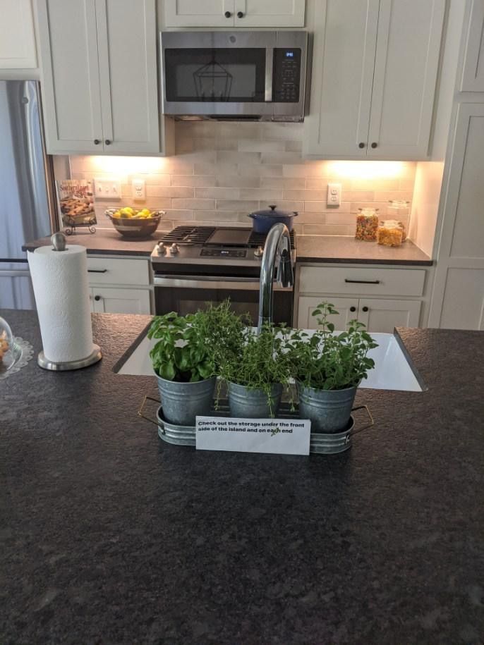 Kitchen with herbs, microwave, stove, and cabinets. Dark countertop. Pots with basil, thyme, and oregano.