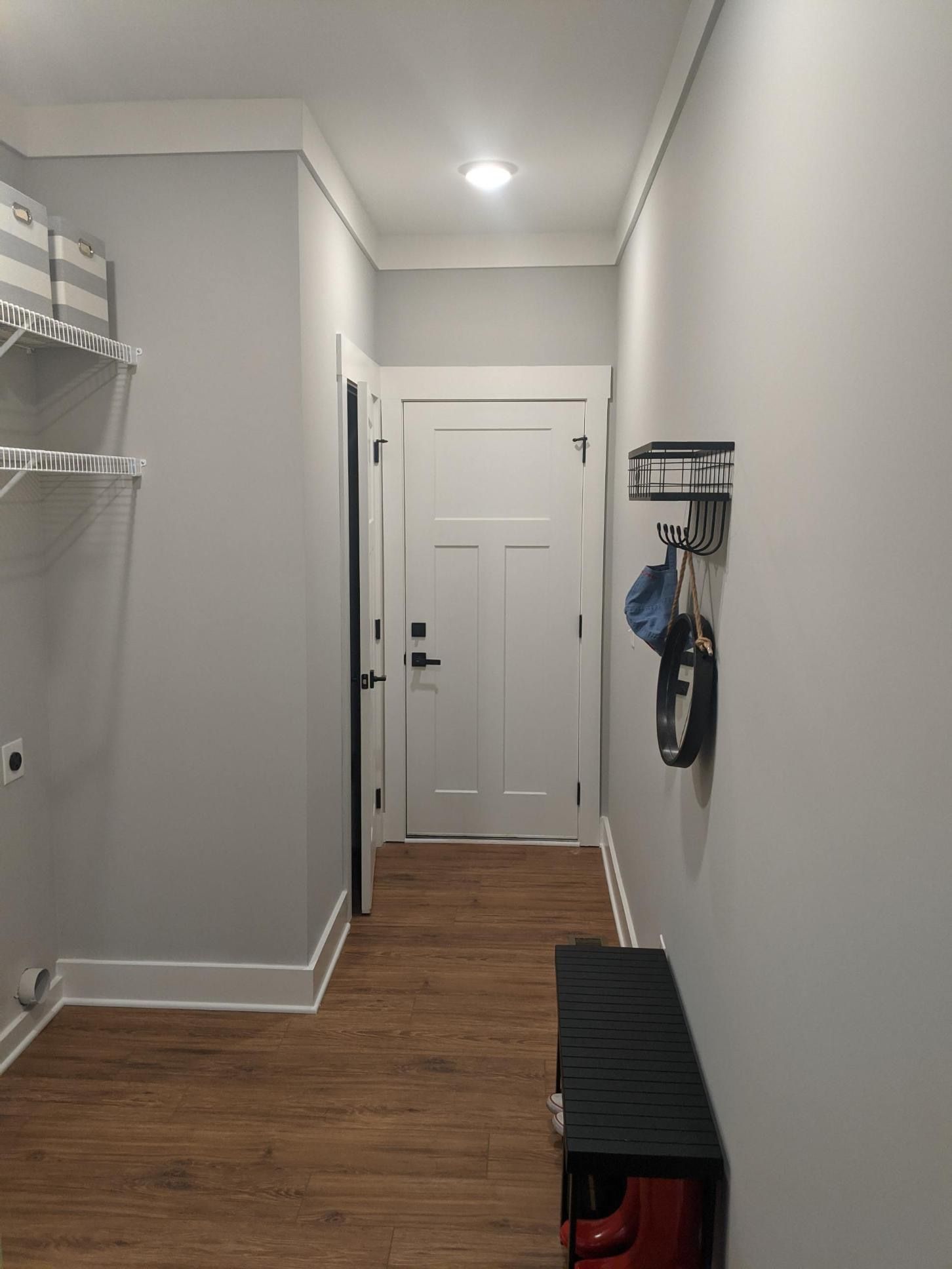 Narrow hallway with gray walls, white trim, and wood-look flooring. A white door is at the end.