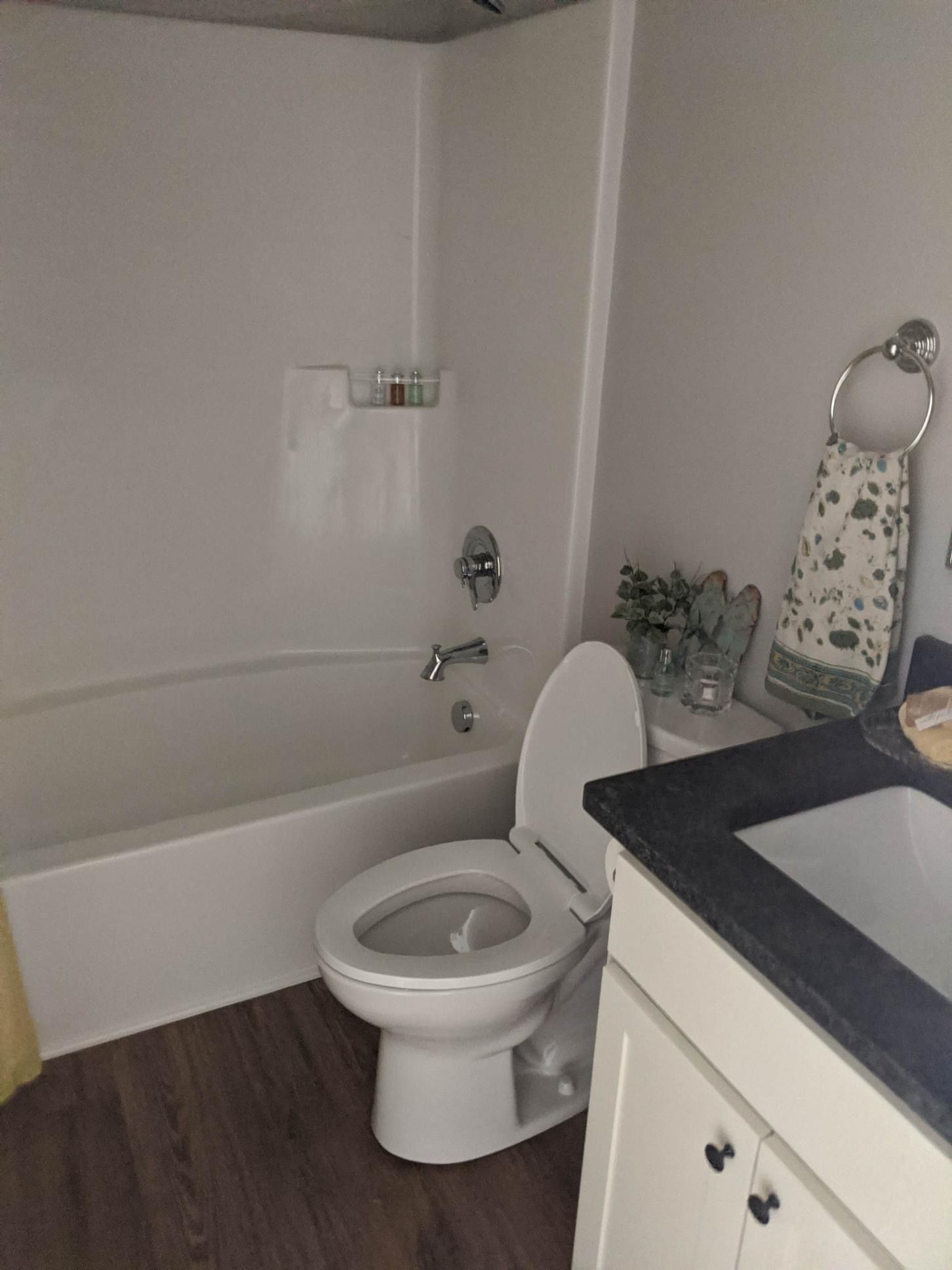 Bathroom with white tub, toilet, and sink, with dark countertop and patterned hand towel.