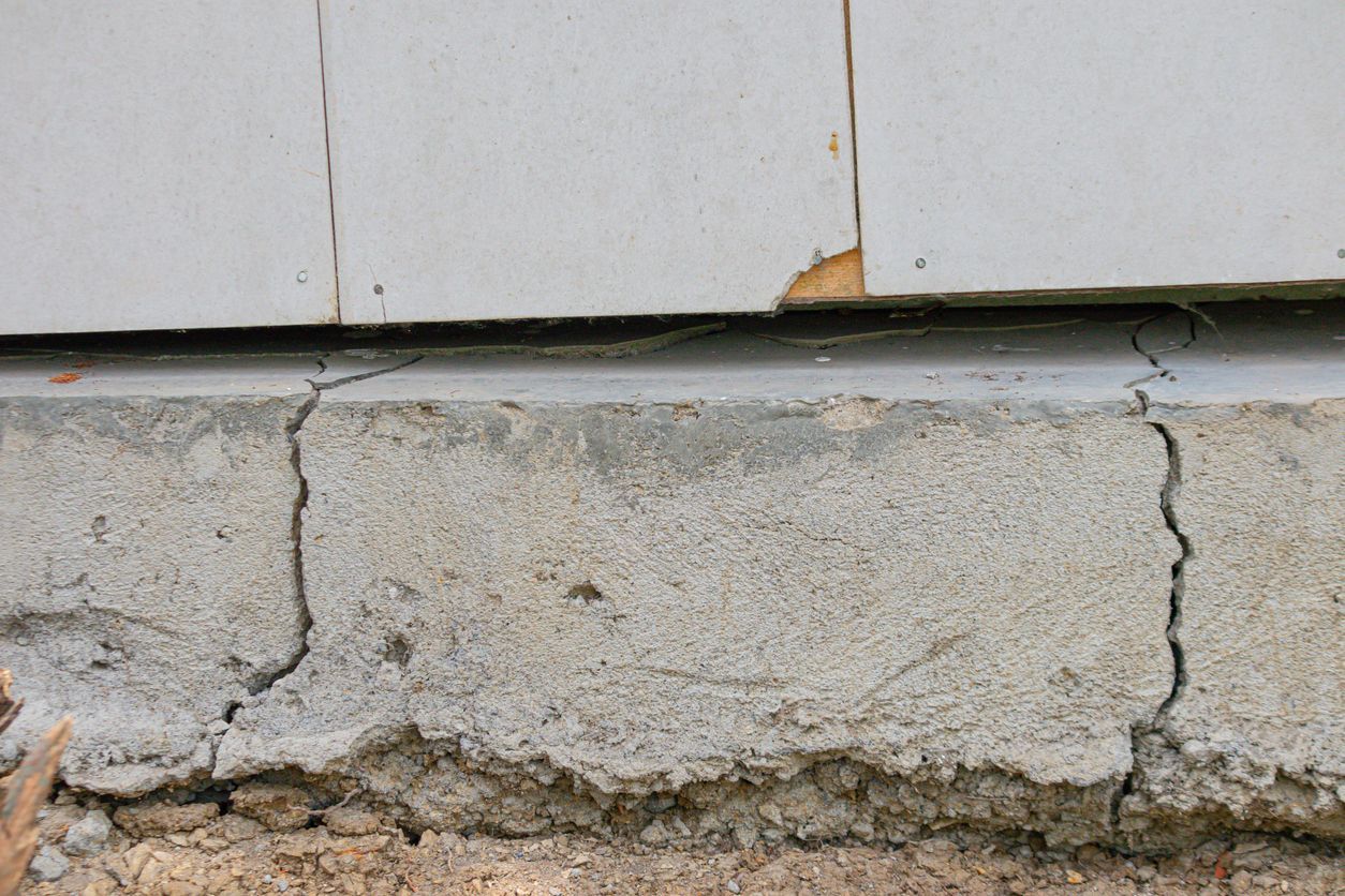 Cracked concrete foundation of a building with visible cracks, likely indicating damage or settling.