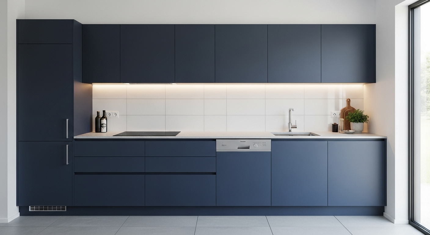 Modern minimalist kitchen with navy cabinets, white backsplash, and warm under-cabinet lighting
