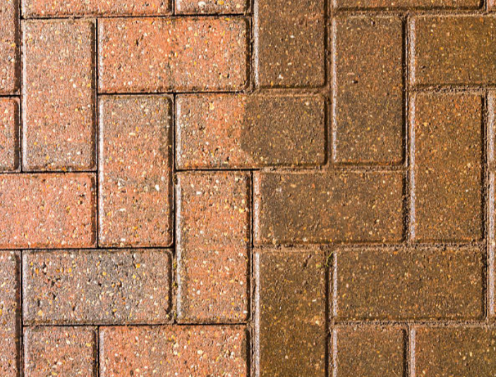 A close up of a brick pavement before and after being cleaned.