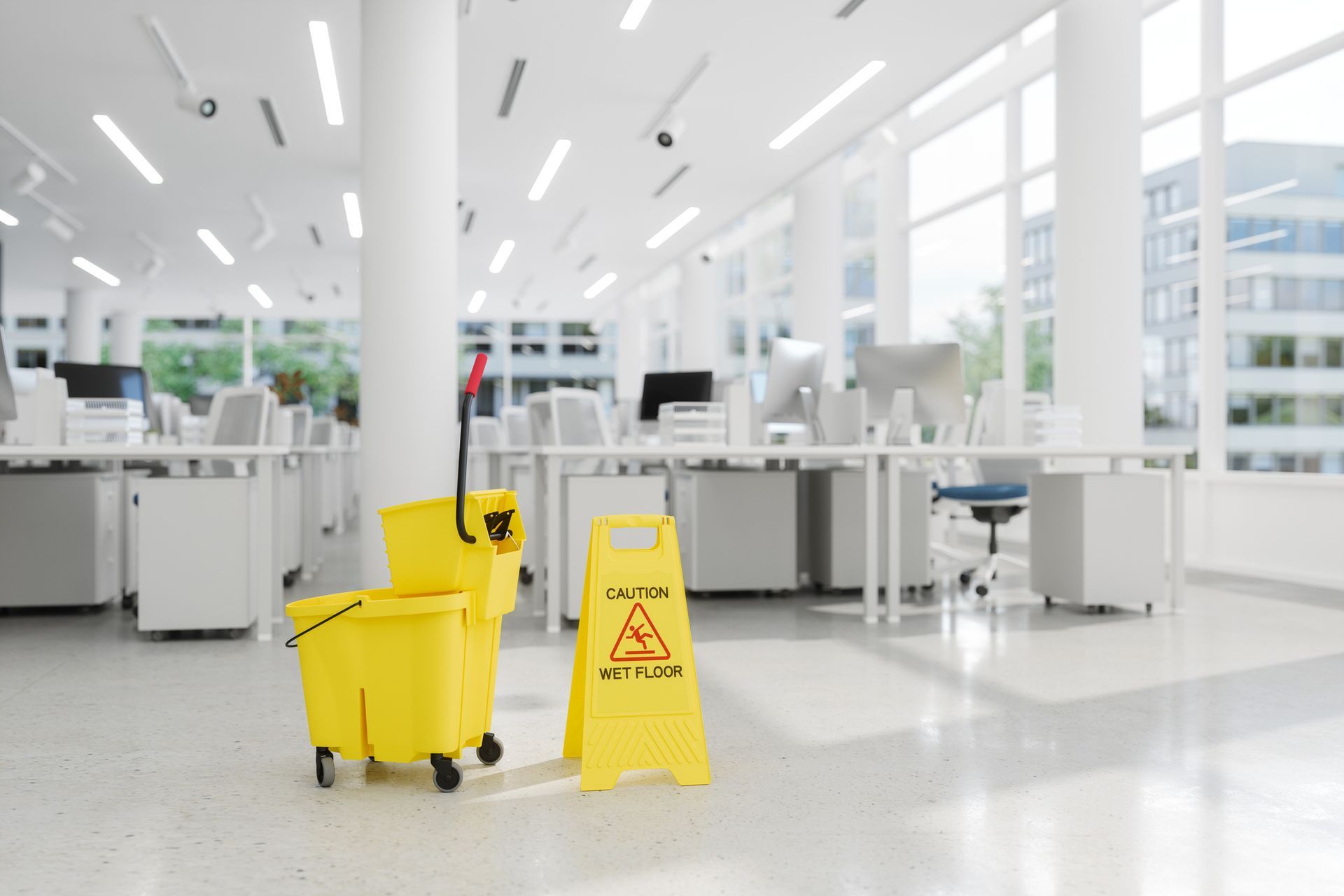 Caution sign and mop bucket in a clean, modern office hallway.