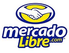 Logotipo de Mercado Libre: apretón de manos dentro de un óvalo, encima del texto azul y amarillo 
