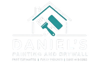 Logo for Daniel's Painting and Drywall featuring a house outline, paintbrush, and paint roller in teal against white.
