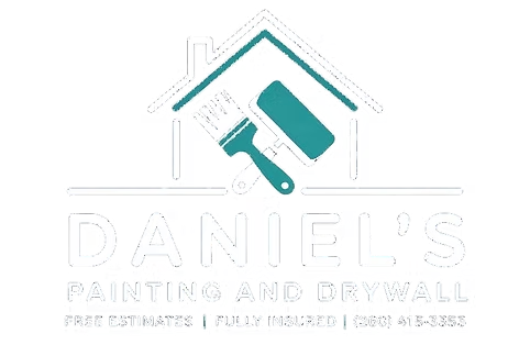 Logo for Daniel's Painting and Drywall featuring a house outline, paintbrush, and paint roller in teal against white.