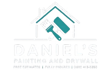 Logo for Daniel's Painting and Drywall featuring a house outline, paintbrush, and paint roller in teal against white.