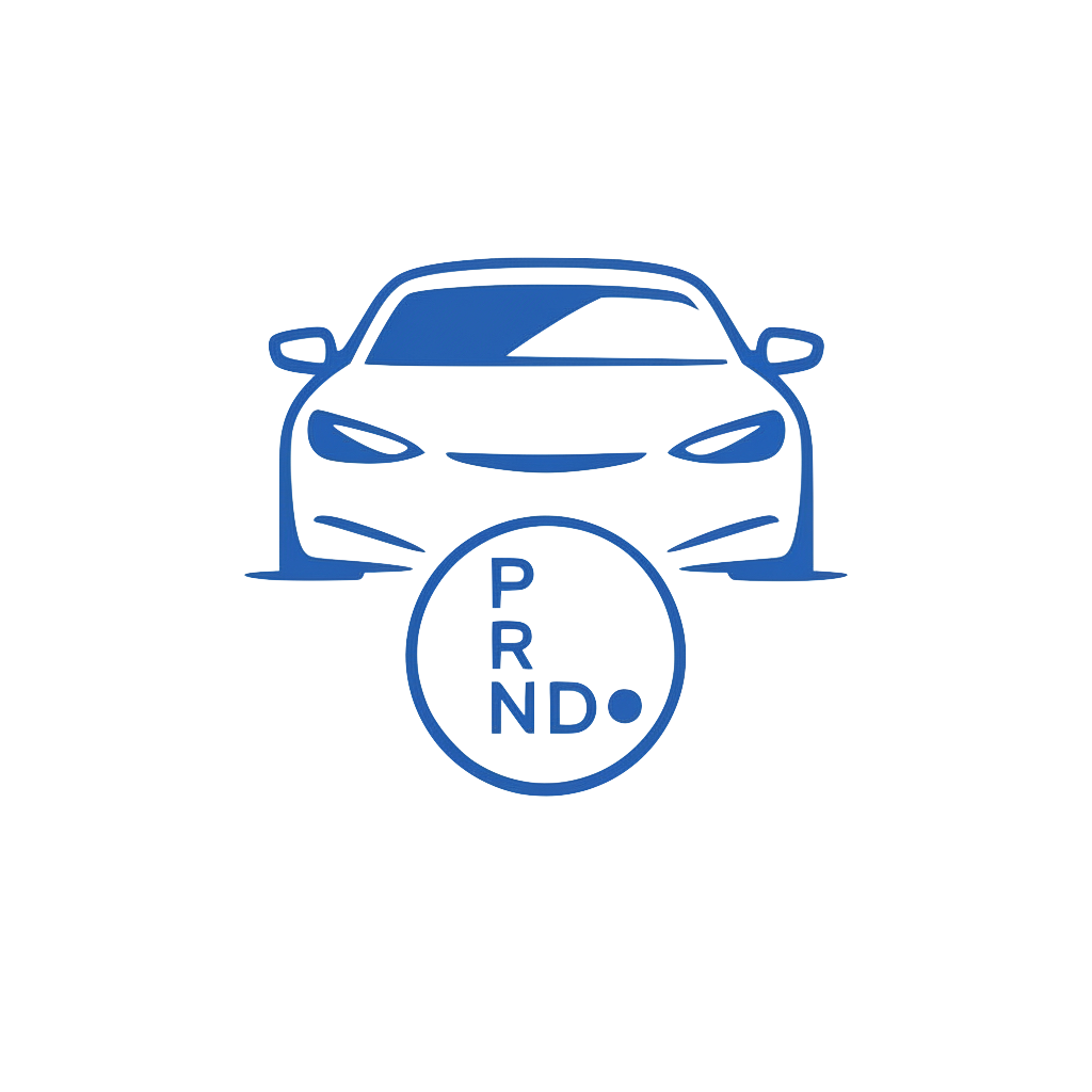 Blauw auto-icoon met een versnellingspooksymbool: P, R, N, D.