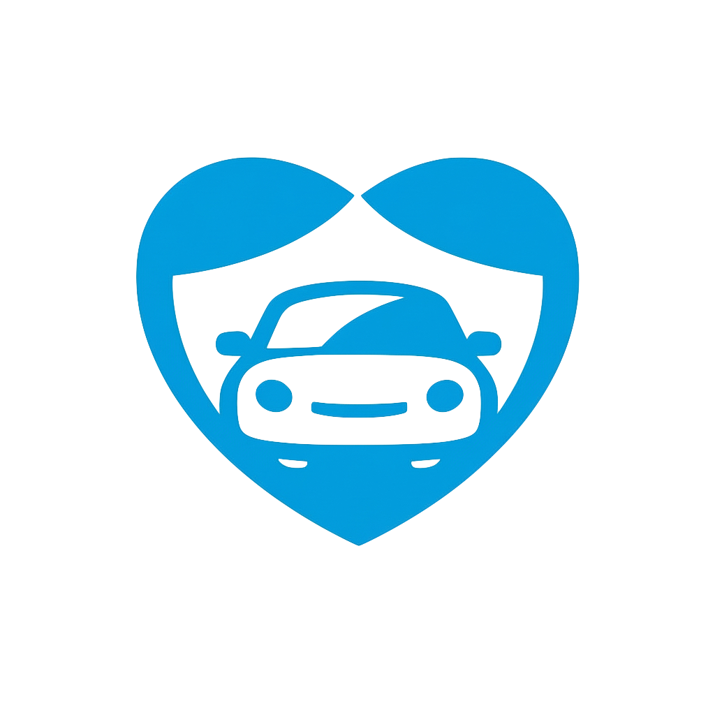 Een blauw hart met een auto erin, als symbool voor zorg voor voertuigen.