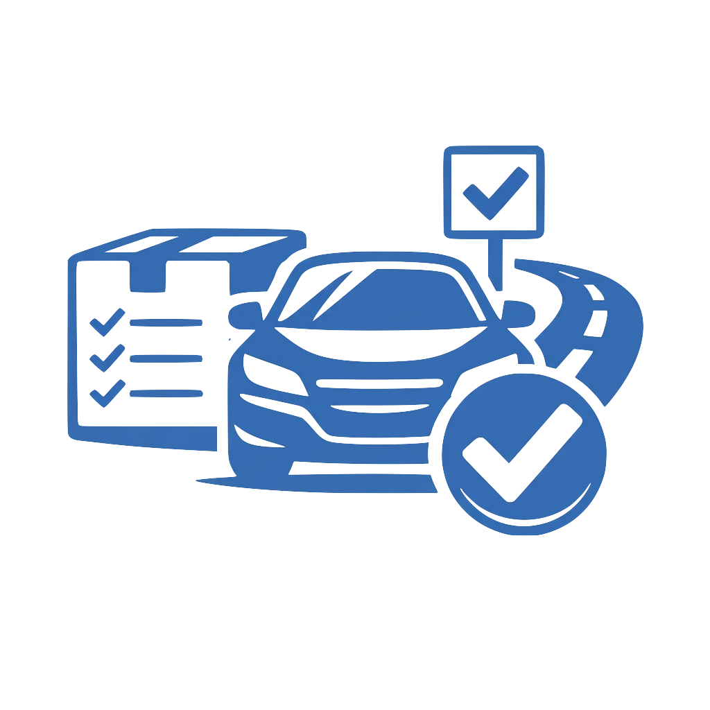 Blauwe auto naast een doos met vinkjes, een weg en een vinkje als symbool.