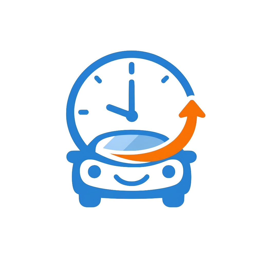 Blauwe auto met wijzerplaat erboven, oranje pijl, lachend gezicht.