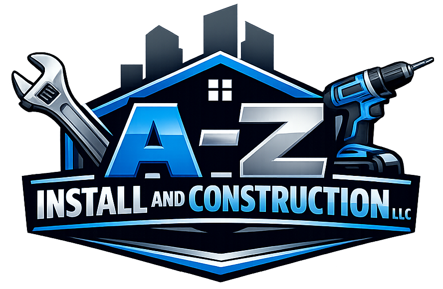 Logo for A-Z Install and Construction: Blue and silver tools with stylized building outlines and text.