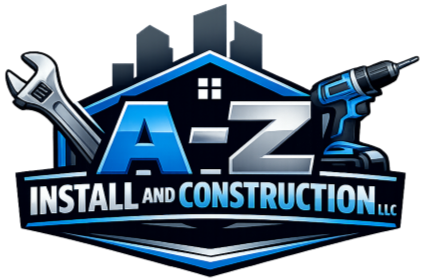 Logo for A-Z Install and Construction LLC with a wrench, drill, and cityscape silhouette in blue and gray.