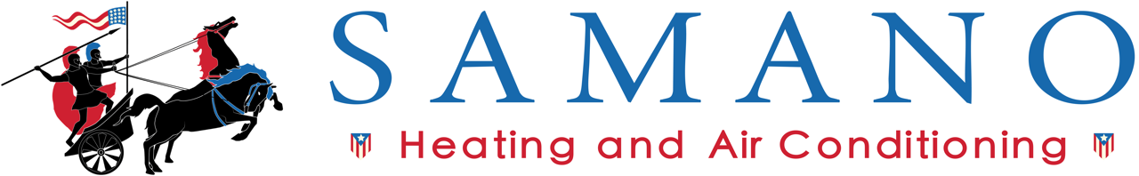 Logo for Samano Heating and Air Conditioning featuring a knight on horseback with a flag and the company name.