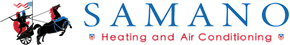 Logo for Samano Heating and Air Conditioning featuring a knight on horseback with a flag and the company name.