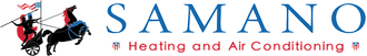 Logo for Samano Heating and Air Conditioning featuring a knight on horseback with a flag and the company name.