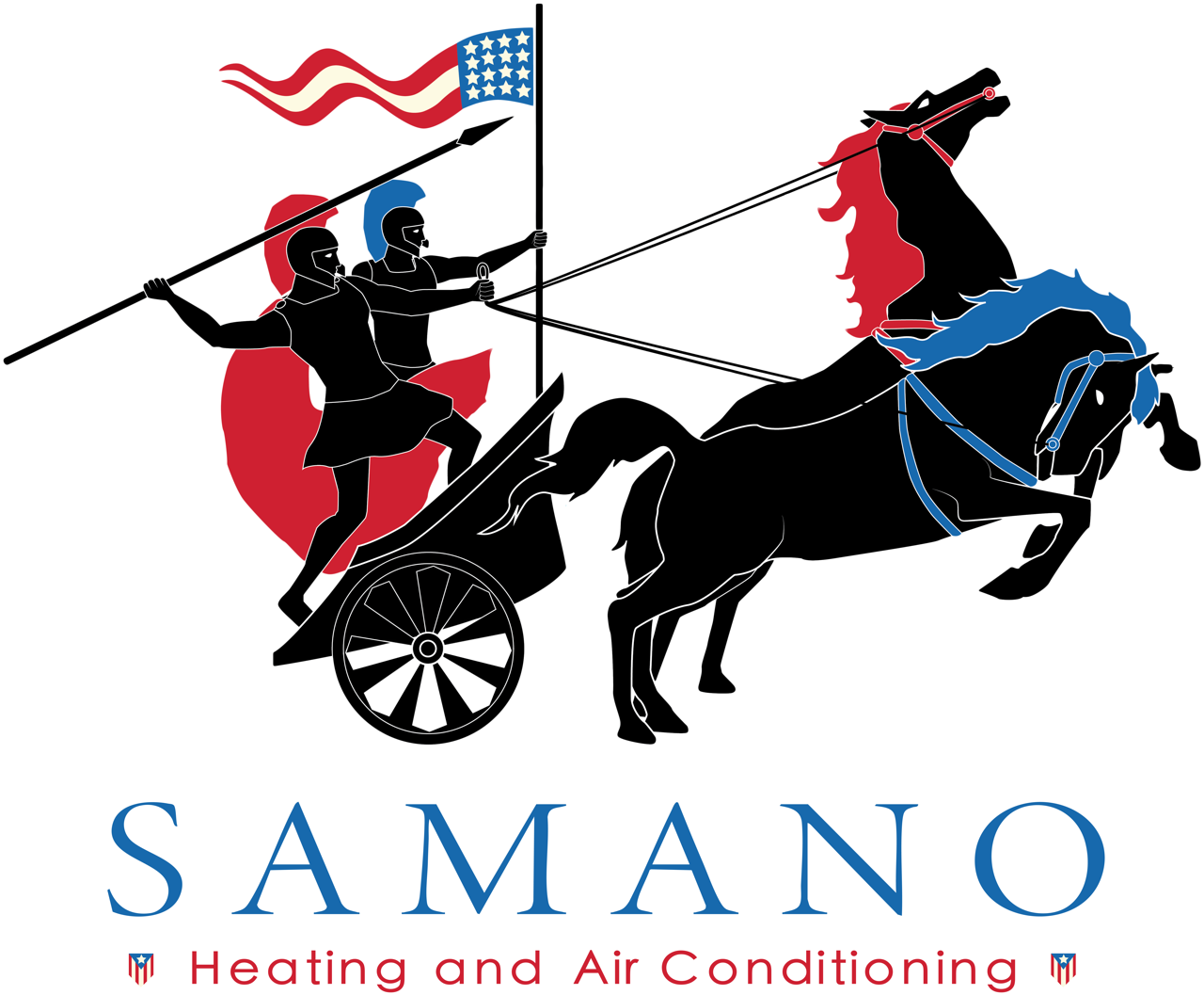 A logo of two men in a chariot being pulled by a rearing horse, with an American flag.