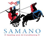 Logo for Samano Heating and Air Conditioning. Depicts two dark figures in a chariot pulled by a rearing black horse, with an American flag.