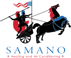 Logo for Samano Heating and Air Conditioning. Depicts two dark figures in a chariot pulled by a rearing black horse, with an American flag.
