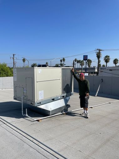 A person stands next to a large rooftop HVAC unit on a sunny day. The sky is blue, and there are some palm trees in the background.