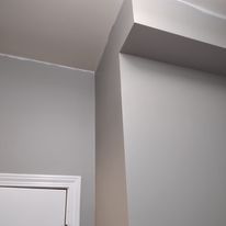 A corner of a room with a door and a ceiling.