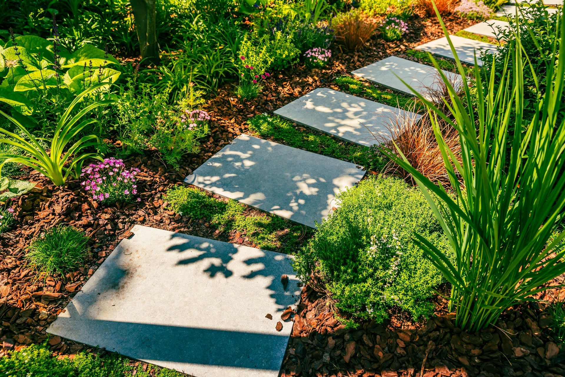 A stone walkway in a garden surrounded by plants and trees.