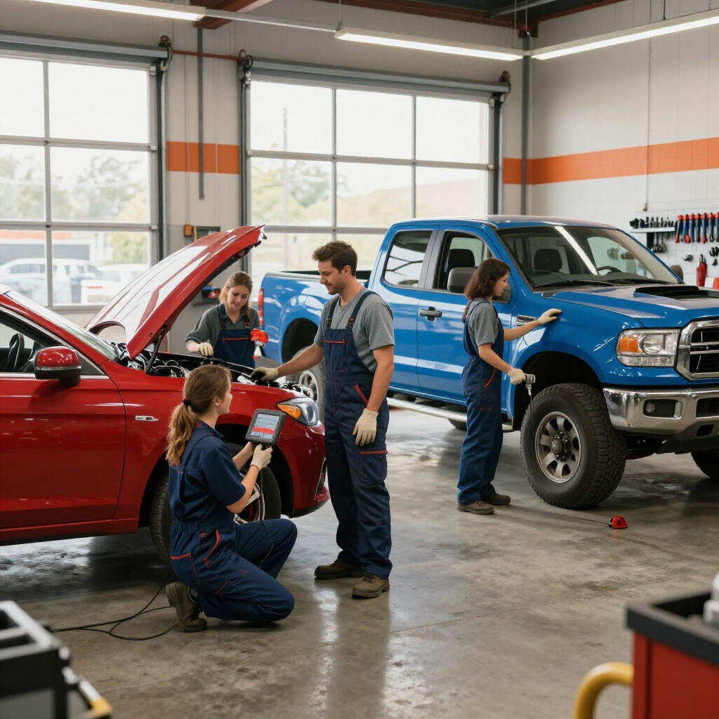 Auto shop with mechanics inspecting a red car and a blue pickup truck in a garage