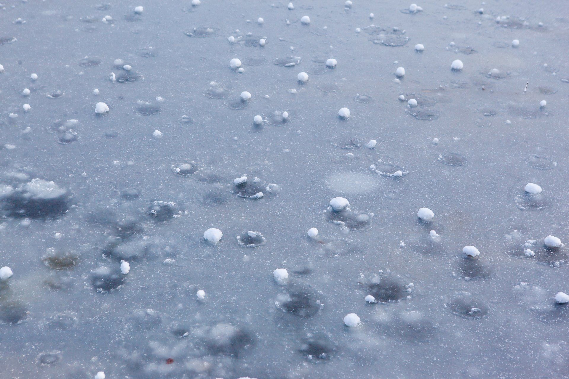 Frozen puddle with scattered snowballs on a gray icy surface