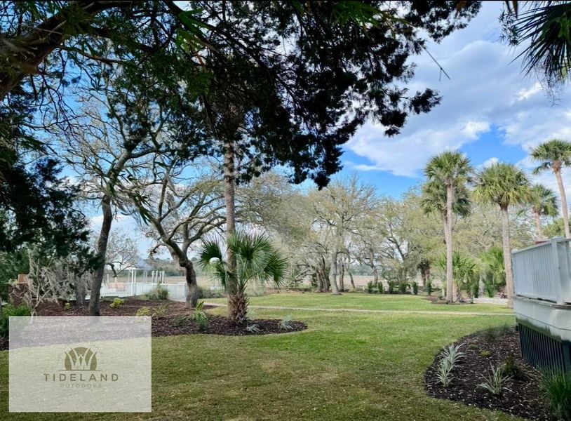 A grassy park area with mature trees, palm trees, and mulch landscaping under a bright sky with a subtle logo overlay.