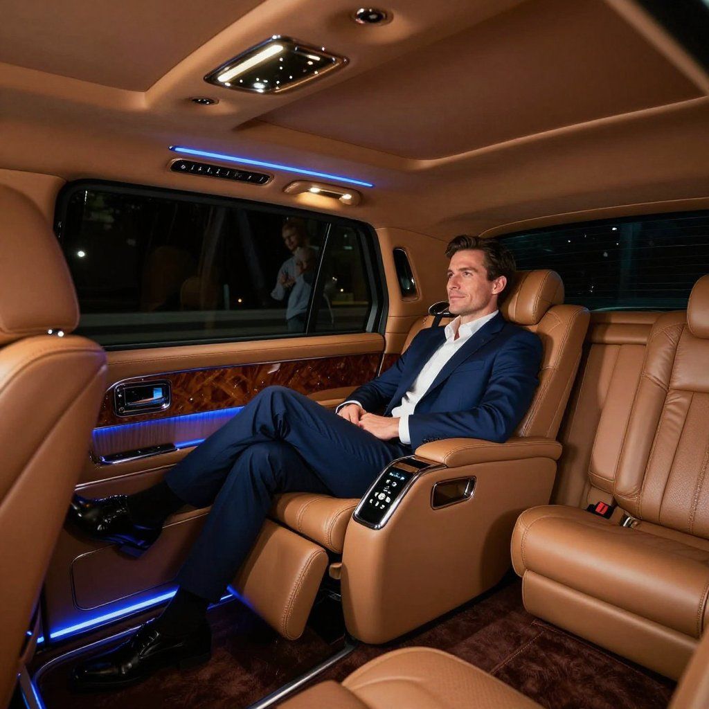A man in a suit sits comfortably in the luxurious leather interior of a chauffeur-driven vehicle at night.