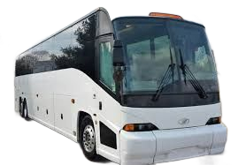 White passenger bus on a white background; front view of the bus with a black windshield frame. Motor Coach 56 Passenger Shuttle bus
