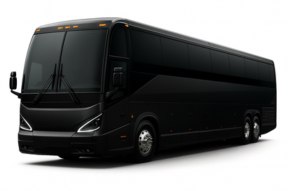 A black bus is parked on a white background.