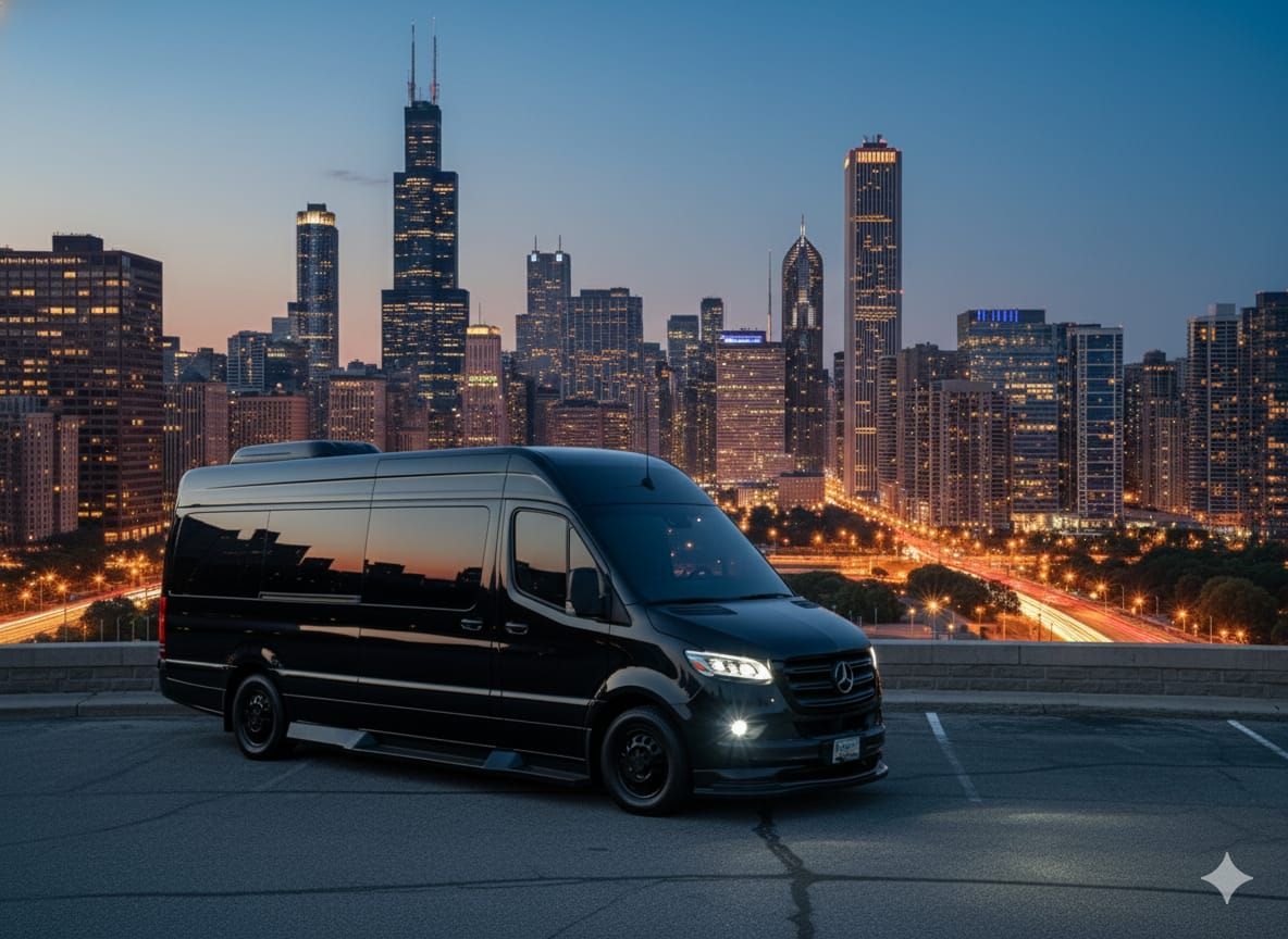 Black van parked overlooking Chicago skyline at dusk.