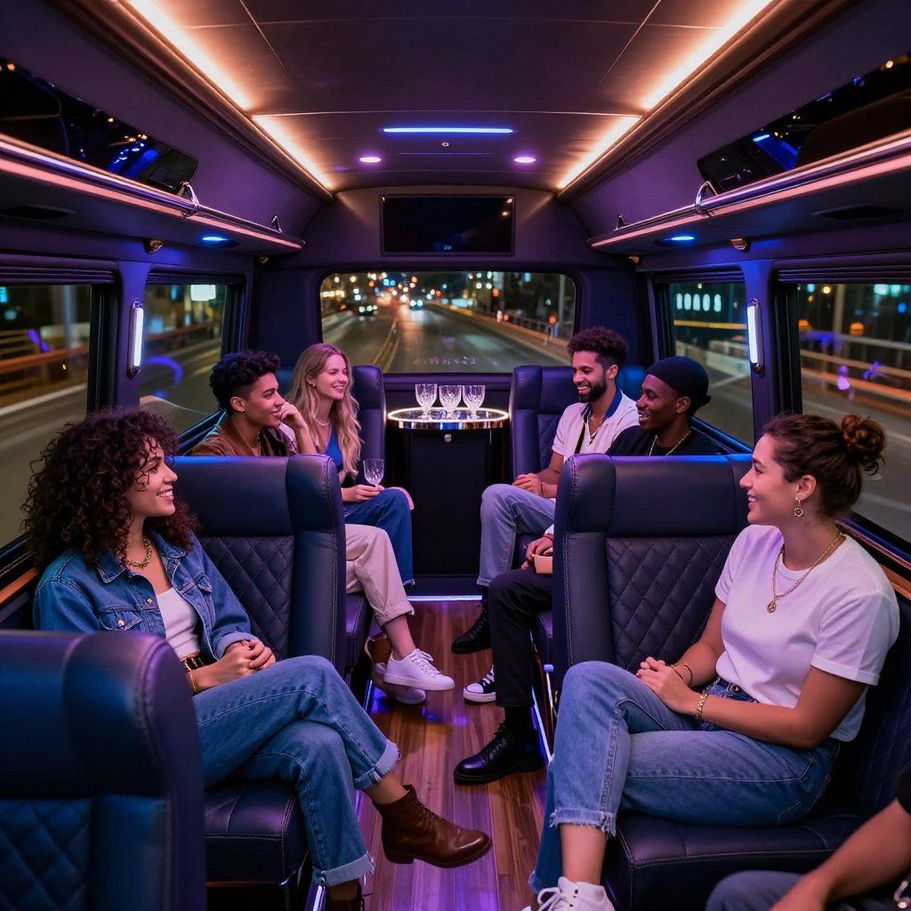 People sit and socialize inside a luxury party bus at night, illuminated by soft interior LED lighting.