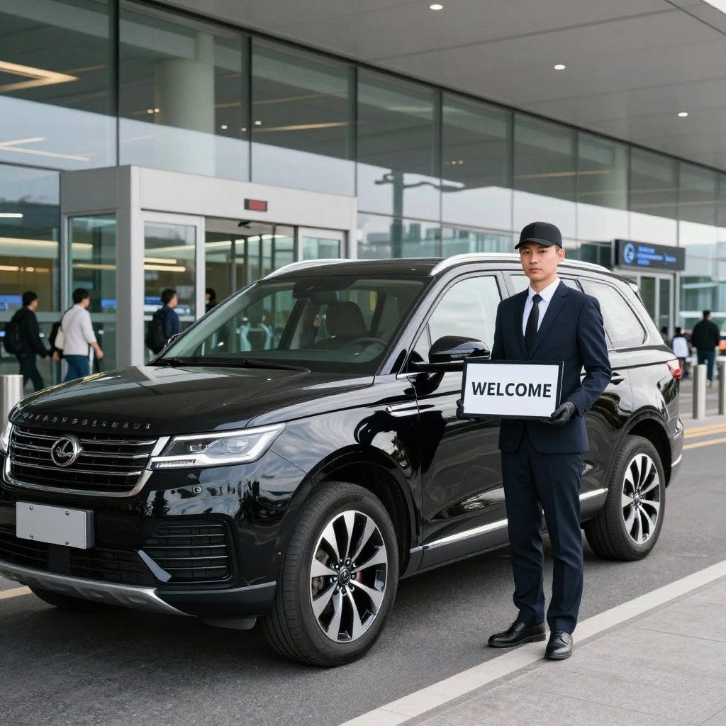 A chauffeur in a suit stands beside a black SUV in front of an airport terminal, holding a sign that reads